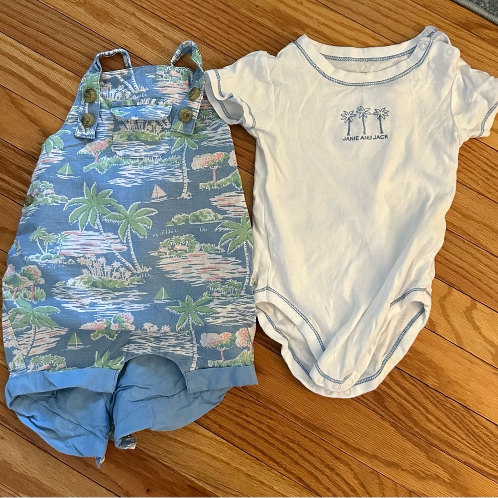 Janie and Jack 6-12 months Blue Tropical Overalls and White Onesie Set